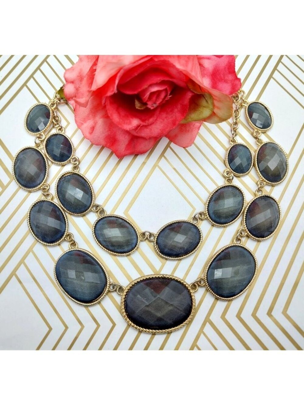 NWOT Gold Tone Smokey Gray Statement Collar Double Bib Pendant Necklace 20"